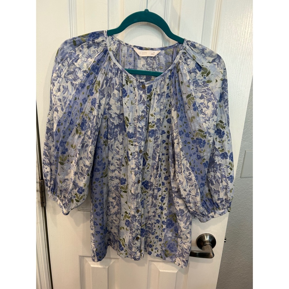 LC Lauren‎ Conrad Blouse Blue Floral Balloon Sleeve Button Front Boho Top S